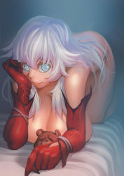 Rule 34 | 1girl, all fours, artemis (fate), artemis (third ascension) (fate), bare shoulders, bed sheet, blue eyes, breasts, closed mouth, elbow gloves, fate/grand order, fate (series), gloves, large breasts, long hair, orion (bear) (fate), photoshop (medium), red gloves, solo, stuffed animal, stuffed toy, teddy bear, white hair, zhoumo fangjia