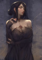 Rule 34 | 1girl, bare shoulders, black hair, borrowed character, choker, commentary, detached sleeves, earrings, hair bun, highres, jewelry, lips, long hair, nat the lich, original, red eyes, signature, silk, single hair bun, solo, spider web