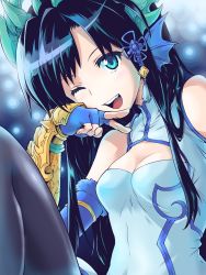 Rule 34 | 1girl, black hair, black legwear, blue eyes, blurry, bokeh, breasts, china dress, chinese clothes, depth of field, dragon girl, dress, fingerless gloves, fins, gloves, hair ornament, hairpin, head fins, highres, horns, ishiyumi, karin (p&amp;d), long hair, one eye closed, open mouth, puzzle &amp; dragons, smile, wink