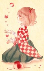 Rule 34 | 1girl, ball, bell, checkered clothes, checkered kimono, hair bell, hair ornament, highres, japanese clothes, jingle bell, kimono, long sleeves, marble (toy), motoori kosuzu, open mouth, red eyes, red hair, short hair, sitting, skirt, solo, touhou, toy, twintails, two side up, wide sleeves, yujup