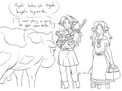 Rule 34 | 1boy, 1girl, apron, boots, comic, cow, dress, english text, flat chest, greyscale, hat, instrument, lineart, link, long hair, malon, master sword, matsu-sensei, monochrome, neckerchief, nintendo, ocarina, aged up, over shoulder, pointy ears, sword, sword over shoulder, the legend of zelda, the legend of zelda: ocarina of time, tunic, udder, waist apron, weapon, weapon over shoulder
