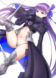 Rule 34 | 10s, 1girl, 28aarts, absurdres, armor, armored boots, black coat, blue eyes, blue ribbon, blush, boots, closed mouth, coat, crotch plate, fate/extra, fate/extra ccc, fate (series), hair ribbon, highres, leg up, long hair, looking at viewer, meltryllis (fate), navel, purple hair, revealing clothes, ribbon, simple background, smile, solo, thighhighs, thighs, white background