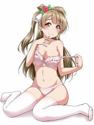Rule 34 | 1girl, \||/, blush, bow, bra, breasts, brown eyes, brown hair, cleavage, commentary request, finger to own chin, flower, frilled bra, frills, grey hair, hair bow, hair flower, hair ornament, large breasts, long hair, looking at viewer, love live!, love live! school idol project, midriff, minami kotori, navel, no shoes, one side up, panties, simple background, sitting, smile, solo, strap pull, thighhighs, underwear, wariza, white background, yellow eyes, yopparai oni