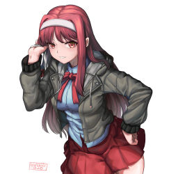 Rule 34 | 1girl, 2020, absurdres, bag, blush, breasts, commission, hair intakes, hairband, hand on own hip, highres, hood, hood down, hooded jacket, jacket, long hair, medium breasts, melty blood, nyungsep, open clothes, open jacket, pleated skirt, red eyes, red hair, red ribbon, red skirt, ribbon, school uniform, shirt, shopping bag, signature, skirt, smile, solo, thighs, tohno akiha, tohno akiha, tsukihime, vermillion akiha, white background, white hairband, white shirt