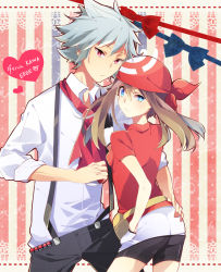 Rule 34 | 00s, 1boy, 1girl, ass, ass grab, bad id, bad pixiv id, bandana, belt pouch, bike shorts, blue eyes, bow, brown hair, creatures (company), fanny pack, game freak, hand in pocket, hand on ass, heart, height difference, hetero, looking at viewer, may (pokemon), mikko (mim mikko), necktie, nintendo, poke ball, pokemon, pokemon rse, pouch, red eyes, shirt, silver hair, steven stone, striped, striped background, suspenders, twintails, waist poke ball