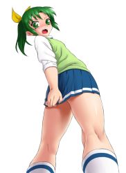 Rule 34 | 10s, 1girl, covering privates, covering ass, from below, green eyes, green hair, green sweater vest, kneepits, legs, looking back, matching hair/eyes, midorikawa nao, onsoku inu, open mouth, ponytail, precure, simple background, skirt, skirt tug, sleeves rolled up, smile precure!, solo, sweater vest, thighs
