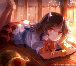 Rule 34 | 2girls, 60mai, ass, barefoot, black hair, blue sash, blush, bowl, bowl hat, bracelet, closed eyes, commentary request, dress, fang, fang out, hair between eyes, hat, horns, japanese clothes, jewelry, kijin seija, kimono, legs up, light particles, long sleeves, looking at another, lovestruck, lying, mini person, minigirl, miracle mallet, multicolored hair, multiple girls, obi, on stomach, puffy short sleeves, puffy sleeves, purple hair, red eyes, red hair, red kimono, sash, short hair, short sleeves, sitting, sleeping, smile, streaked hair, sukuna shinmyoumaru, touhou, translation request, white dress, white hair, wide sleeves, wooden floor