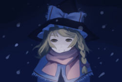 Rule 34 | 1girl, blonde hair, braid, capelet, female focus, grin, hat, kirisame marisa, night, outdoors, perfect cherry blossom, scarf, smile, snow, solo, touhou, weee (raemz), witch, witch hat, yellow eyes