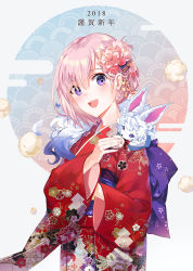 Rule 34 | 1girl, 2018, :d, alternate costume, blush, cookie, creature, creature on shoulder, emyo, fate/grand order, fate (series), feeding, floral print, flower, food, fou (fate), hair flower, hair ornament, holding, holding food, japanese clothes, kimono, long sleeves, looking at viewer, makeup, mash kyrielight, obi, on shoulder, open mouth, pink flower, pink hair, print kimono, purple eyes, red kimono, round teeth, sash, short hair, smile, tareme, teeth, translation request, upper body, wide sleeves