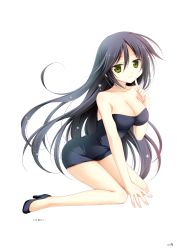 Rule 34 | 1girl, bare arms, bare legs, bare shoulders, black dress, black footwear, black hair, breasts, c:, character request, cleavage, closed mouth, collarbone, dress, female focus, floating hair, full body, green eyes, hair between eyes, hand up, high heels, highres, index finger raised, juuoumujin no fafnir, kneeling, korie riko, large breasts, legs, long hair, looking at viewer, neck, page number, pumps, shiny skin, short dress, smile, solo, strapless, strapless dress, striped clothes, striped dress, swept bangs, tube dress, very long hair