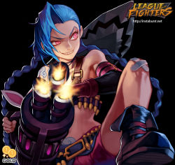Rule 34 | 1girl, 2gold, belt, black background, blue hair, boots, braid, fingerless gloves, gloves, grin, hairline, holding, holding weapon, jinx (league of legends), league of legends, long hair, midriff, pink eyes, rocket launcher, shorts, smile, smirk, solo, tattoo, twin braids, weapon