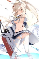 Rule 34 | 1girl, ascot, ayanami (azur lane), azur lane, belt, breasts, commentary request, detached sleeves, hair ornament, hairclip, headgear, highres, hino kagutsuki, holding, holding sword, holding weapon, in water, long hair, looking at viewer, medium breasts, midriff, navel, orange eyes, panties, pantyshot, parted lips, pleated skirt, ponytail, retrofit (azur lane), school uniform, serafuku, silver hair, simple background, skirt, solo, sword, thighhighs, torn clothes, torn thighhighs, underboob, underwear, wading, weapon, white background, white panties, white thighhighs, wide sleeves, wind, zettai ryouiki