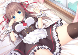 Rule 34 | 1girl, :o, apron, bed, black dress, blue eyes, blush, breasts, brown hair, collared dress, commentary request, curtains, dress, frilled apron, frilled dress, frilled pillow, frills, fujikura ryuune, hair between eyes, hair ribbon, hands up, long hair, looking at viewer, lying, maid, maid headdress, medium breasts, on back, on bed, original, parted lips, pillow, puffy short sleeves, puffy sleeves, red neckwear, red ribbon, ribbon, short sleeves, solo, spread legs, two side up, very long hair, waist apron, white apron, window, wrist cuffs