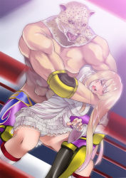 Rule 34 | 1boy, 1girl, abs, blonde hair, boots, cobra twist, dress, dutch angle, emilie de rochefort, fingerless gloves, frills, gloves, king, king (tekken), kupala, long hair, mask, mexico, muscular, namco, open mouth, pain, panties, pantyshot, ryona, saliva, topless male, squatting, submission, submission hold, tears, tekken, tekken 5, tekken 6, underwear, white panties, wince, wrestler, wrestling