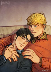 Rule 34 | 2boys, bad id, bad tumblr id, bara, black hair, blonde hair, chin rest, couch, couple, cris art, cuddling, facial hair, head on head, head rest, hulkling, layered shirt, long sideburns, male focus, marvel, multiple boys, on couch, short hair, sideburns, sideburns stubble, smile, stubble, sweater, thick eyebrows, unfinished, upper body, wiccan, yaoi