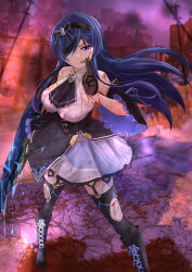 Rule 34 | 1girl, absurdres, arm at side, ascot, assault lily, bare shoulders, black ascot, black bow, black footwear, black gloves, black hairband, black skirt, black thighhighs, blood, blood on arm, blood on breasts, blood on clothes, blood on face, blood on leg, bloody weapon, blue blood, blue gemstone, blue hair, boots, bow, bow hairband, breasts, building, chain-link fence, collared shirt, commentary request, commission, cross-laced footwear, cuts, detached sleeves, dirty, dirty clothes, dirty face, evening, eyepatch, fence, floating hair, foot out of frame, frilled sleeves, frills, garter straps, gem, gloves, hair between eyes, hair bow, hairband, hand up, highres, holding, holding weapon, injury, itou shizu (assault lily), knee boots, lace-up boots, large breasts, layered skirt, long hair, long sleeves, looking at viewer, miniskirt, official alternate costume, one eye closed, outdoors, parted lips, pixiv commission, purple eyes, rubble, ruins, see-through, shirt, sidelocks, skirt, sleeveless, sleeveless shirt, solo, standing, striped, striped bow, thighhighs, torn clothes, torn shirt, torn skirt, torn thighhighs, underbust, urutsu sahari, utility pole, v-shaped eyebrows, weapon, white shirt, white skirt, wide sleeves