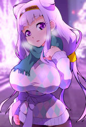 Rule 34 | 10s, 1girl, :o, argyle, argyle clothes, argyle sweater, breasts, cone hair bun, double bun, green scarf, hair bun, hairband, highres, hugtto! precure, large breasts, light purple hair, long hair, looking at viewer, low twintails, precure, purple eyes, revision, ruru amour, ryuuta (cure ryuuta), scarf, solo, sweater, twintails