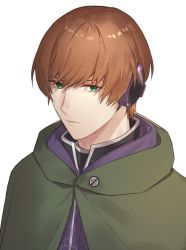Rule 34 | 1boy, berry o t, brown hair, cloak, closed mouth, green cloak, green eyes, jacket, looking at viewer, male focus, narasaka touru, purple jacket, short hair, simple background, solo, upper body, white background, world trigger