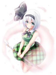 Rule 34 | 1girl, adapted costume, bare arms, bare shoulders, blush, commentary request, green eyes, hair between eyes, hairband, highres, konpaku youmu, looking at viewer, osashin (osada), petals, plaid, plaid skirt, sheath, sheathed, short hair, silver hair, skirt, smile, solo, touhou