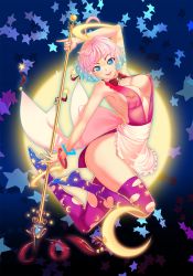 Rule 34 | 1girl, ahoge, apron, blue eyes, blue hair, bow, bowtie, breasts, cleavage, crescent, crescent moon, gradient hair, halo, highres, hip focus, large breasts, legs, lucknight, matching hair/eyes, moon, multicolored hair, no shoes, original, patterned legwear, pink hair, pinky out, print thighhighs, ribbon, short hair, solo, staff, star (symbol), star print, thighhighs, torn clothes, torn thighhighs, waist apron