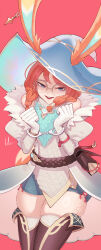 1girl absurdres animal_ears aurora_(league_of_legends) belt blue_eyes blush brown_belt brown_thighhighs cowboy_shot freckles fur_trim glasses gloves green_hat hair_between_eyes hands_up hat highres juliet_sleeves league_of_legends long_hair long_sleeves orange_hair pouch puffy_sleeves rabbit_ears rabbit_girl red_background round_eyewear simple_background skindentation smile solo teeth thighhighs vialle white_gloves witch_hat