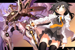 Rule 34 | 1girl, ahoge, black hair, black skirt, black thighhighs, blush, border, breasts, char, cowboy shot, gluteal fold, grey vest, holding, holding sword, holding weapon, jacket, lace, lace-trimmed panties, lace trim, long hair, long sleeves, looking at viewer, mecha, medium breasts, miniskirt, necktie, open clothes, open jacket, orange necktie, original, outside border, panties, pantyshot, pleated skirt, robot, skirt, solo, sword, thighhighs, thighs, underwear, upskirt, vest, weapon, white jacket, white panties, yellow eyes