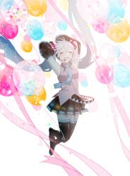 Rule 34 | 1girl, absurdres, aqua hair, aqua necktie, arms behind head, arms up, balloon, bare shoulders, black skirt, black sleeves, black thighhighs, blush, closed eyes, commentary, confetti, detached sleeves, full body, grey shirt, hair ornament, hatsune miku, headphones, headset, highres, jumping, legs up, light blush, long hair, necktie, open mouth, re eva, ribbon, shirt, skirt, sleeveless, sleeveless shirt, smile, solo, thighhighs, twintails, very long hair, vocaloid, white background, zettai ryouiki