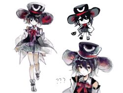 Rule 34 | 1other, ?, ??, androgynous, black eyes, black hair, black headwear, chibi, chile nie, chinese commentary, closed mouth, collared shirt, colored skin, commentary request, detached sleeves, enraku tsubakura, full body, green skirt, hat, hat ribbon, highres, len&#039;en, miniskirt, multiple views, neck ribbon, other focus, pleated skirt, red ribbon, ribbon, shirt, simple background, sketch, skirt, sleeveless, sleeveless shirt, walking, white background, white shirt, white skin, white sleeves