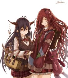 Rule 34 | 10s, 2girls, absurdres, alternate costume, anna (granblue fantasy), antenna hair, bag, black hair, breasts, briefcase, cat hair ornament, danua, draph, granblue fantasy, hair between eyes, hair ornament, hair over one eye, highres, horns, jewelry, large breasts, long hair, looking at viewer, multiple girls, necklace, plaid, plaid skirt, pointy ears, red eyes, red hair, school bag, school briefcase, school uniform, simple background, skirt, smile, stuffed animal, stuffed cat, stuffed toy, very long hair, vest, white background, yatsuka (846)