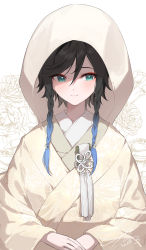 Rule 34 | 1boy, absurdres, androgynous, aqua eyes, artist name, bishounen, black hair, blue hair, braid, closed mouth, commentary, eyelashes, eyeshadow, flower, flower knot, genshin impact, gradient hair, green kimono, hair between eyes, highres, hood, hood up, japanese clothes, kimono, kkopoli, layered clothes, layered kimono, long sleeves, looking at viewer, makeup, male focus, medium hair, multicolored hair, own hands together, red eyeshadow, rose, short hair, short hair with long locks, side braids, sidelocks, signature, smile, solo, swept bangs, symbol-only commentary, tassel, twin braids, uchikake, upper body, venti (genshin impact), wataboushi, white background, white kimono, wide sleeves