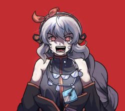 Rule 34 | 1girl, 8t if, ainu clothes, angry, aquaplus, bare shoulders, braid, breasts, bright pupils, crying, crying with eyes open, grey hair, hair between eyes, hairband, jewelry, long hair, medium breasts, monochrome mobius, necklace, off shoulder, open mouth, red eyes, shouting, shunya, sidelocks, single braid, sleeveless, solo, teardrop, tears, teeth, tongue, upper body, utawarerumono, very long hair, white pupils