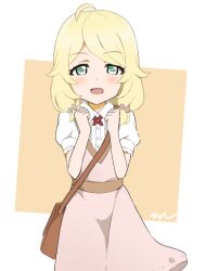Rule 34 | 1girl, :d, aayh, ahoge, bag, blonde hair, blush, brown background, clenched hands, collared shirt, commentary request, dress, dress shirt, green eyes, hair over shoulder, hands up, idolmaster, idolmaster cinderella girls, long hair, low twintails, open mouth, pink dress, puffy short sleeves, puffy sleeves, shirt, short sleeves, shoulder bag, signature, smile, solo, swept bangs, twintails, two-tone background, white background, white shirt, yusa kozue