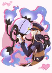 Rule 34 | 1boy, absurdres, armband, black coat, black headwear, buttons, chandelure, closed mouth, coat, commentary request, creatures (company), eye contact, facial hair, from side, game freak, gen 5 pokemon, goatee, grey eyes, grey hair, hands up, hat, heart, high collar, highres, ingo (pokemon), long sleeves, looking at another, male focus, nintendo, pokemon, pokemon (creature), pokemon legends: arceus, short hair, striped coat, torn clothes, torn coat, yozakur609