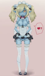 Rule 34 | 1girl, ?, apron, bare shoulders, blonde hair, blue skin, breasts, breasts out, clothes lift, collar, colored skin, detached collar, disgaea, gluteal fold, hair over one eye, heart, highres, lowleg, lowleg panties, maid, maid (disgaea), maid apron, maid headdress, makai senki disgaea 5, mary janes, medium breasts, nipple piercing, nipples, nippon ichi, off shoulder, open mouth, panties, piercing, pointy ears, pussy, pussy peek, saliva, shoes, side-tie panties, skirt, skirt lift, spoken heart, spoken question mark, tears, thighhighs, twintails, uncensored, underwear, white thighhighs, wrist cuffs, yakou (4507770), yellow eyes, zombie