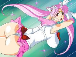 Rule 34 | 1990s (style), 1girl, aged up, ass, bishoujo senshi sailor moon, bow, breasts, chibi usa, choker, double bun, earrings, elbow gloves, gloves, hair bun, hair ornament, hairpin, jewelry, large breasts, lento (glamour works), long hair, looking back, magical girl, open mouth, panties, pantyshot, pink hair, pleated skirt, red eyes, retro artstyle, ribbon, sailor chibi moon, sailor collar, sideboob, skirt, solo, tiara, twintails, underwear, upskirt, wind, wind lift