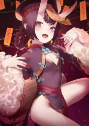 Rule 34 | 1girl, blush, braid, braided hair rings, breasts, eyeliner, fate/grand order, fate (series), hair rings, hat, highres, horns, jiangshi, long sleeves, looking at viewer, makeup, ofuda, oni, open mouth, outstretched arms, pumpkinspicelatte, purple eyes, purple hair, qingdai guanmao, short hair, shuten douji (fate), shuten douji (festival outfit) (fate), skin-covered horns, smile, solo, zombie pose