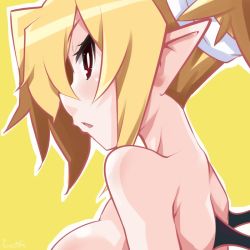 Rule 34 | 1girl, bare shoulders, blonde hair, blush, breasts, disgaea, female focus, from side, iwashi dorobou -r-, looking at viewer, makai senki disgaea 2, parted lips, pointy ears, profile, red eyes, rozalin, short hair, sideboob, solo, topless frame, upper body, wings, yellow background