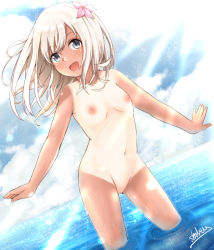 Rule 34 | 1girl, :d, aga marino, bad id, bad pixiv id, blonde hair, blush, breasts, cloud, cloudy sky, collarbone, contrapposto, day, dutch angle, flower, grey eyes, groin, hair flower, hair ornament, head tilt, horizon, kantai collection, light particles, light rays, long hair, nipples, nude, ocean, one-piece tan, open mouth, pussy, ripples, ro-500 (kancolle), signature, sky, small breasts, smile, standing, sunbeam, sunlight, tan, tanline, tareme, wading, water