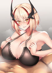 Rule 34 | 1boy, 1girl, azur lane, bad id, bad pixiv id, black bra, blonde hair, blush, bra, breasts, breasts squeezed together, censored, cleavage, clothed female nude male, dain (bishop m), hair between eyes, head out of frame, headgear, hetero, lace, lace-trimmed bra, lace trim, large breasts, multicolored hair, navel, nude, paizuri, paizuri under clothes, penis, red hair, roon (azur lane), short hair, simple background, smile, squeezing, streaked hair, sweat, underwear, yellow eyes