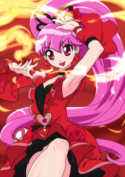 Rule 34 | 1girl, :d, aino megumi, arm up, armpits, black neckwear, brooch, choker, cowboy shot, cure lovely, cure lovely (cherry flamenco), dancing, dengeki gx, detached sleeves, dress, earrings, fire, flower, hair flower, hair ornament, happinesscharge precure!, heart, heart brooch, heart earrings, jewelry, long hair, looking at viewer, magical girl, open mouth, pink eyes, pink hair, ponytail, precure, red background, red dress, simple background, smile, solo