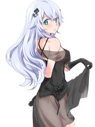 Rule 34 | aisu (icicleshot), back muscles, bare shoulders, black heart (neptunia), breasts, dress, gloves, gown, green eyes, hair ornament, hairclip, long hair, medium breasts, neptune (series), noire (neptunia), simple background, skirt, surprised, tsundere, white background, white hair