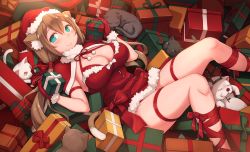 Rule 34 | 1girl, animal ears, arm strap, breasts, brown hair, cat, cat ears, cat tail, christmas, cleavage, gift, gloves, green eyes, hair ribbon, hat, highres, holding, large breasts, leg ribbon, long hair, looking at viewer, low twintails, lying, on back, original, red gloves, ribbon, santa costume, santa hat, smile, solo, tail, thigh strap, twintails, zenn