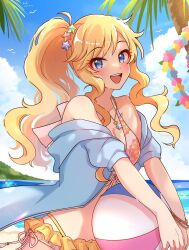 Rule 34 | 1girl, :d, ball, bare shoulders, beach, beachball, bikini, bird, blonde hair, blue eyes, blue jacket, blue sky, blush, bow, breasts, cleavage, cloud, collarbone, dated, day, dot nose, floral print, flower wreath, front-tie bikini top, front-tie top, grk 11601, hair bow, hair ornament, highres, holding, holding ball, holding beachball, horizon, idolmaster, idolmaster cinderella girls, idolmaster cinderella girls starlight stage, jacket, jewelry, long hair, looking at viewer, medium breasts, mountain, multiple bracelets, necklace, ocean, off shoulder, ohtsuki yui, open clothes, open jacket, open mouth, outdoors, palm tree, pink bikini, ponytail, print bikini, sarong, seagull, side-tie bikini bottom, signature, sky, smile, solo, sparkle, star (symbol), star hair ornament, star necklace, swimsuit, teeth, tree, upper body, upper teeth only, wavy hair, wet, yellow sarong
