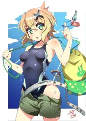 Rule 34 | 1girl, akatsuki kirika, animal print, backpack, bad id, bad twitter id, bag, bare shoulders, belt, blonde hair, blue one-piece swimsuit, blush, breasts, commentary request, competition school swimsuit, covered collarbone, covered navel, green eyes, gummyrise, hair between eyes, hair ornament, key, medium breasts, o-ring, o-ring belt, one-piece swimsuit, open mouth, outside border, rabbit print, school swimsuit, scowl, senki zesshou symphogear, shiny skin, short hair, short shorts, shorts, solo, standing, swimsuit, swimsuit under clothes, unfastened, x hair ornament