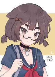 Rule 34 | 1girl, animal ears, bell, bespectacled, bone hair ornament, bow, breasts, choker, cleavage, commentary, dog ears, dog girl, english commentary, glasses, hair ornament, highres, holding strap, inukai purin, light blush, looking down, lucabassiart, medium breasts, neck bell, sailor collar, school uniform, serafuku, short eyebrows, short hair, short twintails, smile, solo, translated, tsunderia, twintails, upper body, virtual youtuber, white bow
