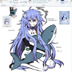 Rule 34 | 1girl, ahoge, animal ears, arrow (symbol), ayanami rei, bags under eyes, blue hair, bodysuit, cigarette, commentary, english commentary, english text, evangelion: 3.0+1.0 thrice upon a time, full body, hair between eyes, holding, holding stuffed toy, ikea shark, long hair, messy hair, microsoft paint (medium), microsoft paint (software), mouth hold, neon genesis evangelion, peqermint, plugsuit, rebuild of evangelion, red eyes, reference inset, sitting, smoke, smoking, solo, stuffed animal, stuffed fish, stuffed shark, stuffed toy, very long hair