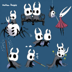 Rule 34 | 6+others, ?, arizuka (catacombe), bench, blue background, broken vessel (hollow knight), bug, commentary request, copyright name, eating, food, highres, holding, holding food, holding hands, holding pocky, hollow knight, hornet (hollow knight), knight (hollow knight), looking at another, multiple others, multiple views, needle (hollow knight), pocky, side-by-side, simple background, sitting, spider, sword, tied up (nonsexual), translation request, weapon, white headwear