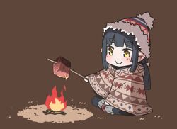 1girl akari_(raigou) black_hair blush boned_meat campfire elf fire food fur-trimmed_headwear fur-trimmed_jacket fur_trim geometric_pattern holding holding_skewer indian_style jacket meat original pointy_ears pom_pom_(clothes) poncho ponytail raigou roasting sidelocks sitting skewer solo thick_eyebrows yellow_eyes