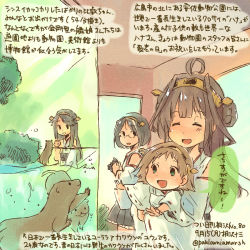Rule 34 | 10s, 4girls, age difference, ahoge, aquarium, baby, bare shoulders, black hair, brown hair, colored pencil (medium), dated, detached sleeves, double bun, ferret, glasses, hairband, haruna (kancolle), headgear, hiei (kancolle), japanese clothes, kantai collection, kirisawa juuzou, kirishima (kancolle), kongou (kancolle), long hair, multiple girls, nontraditional miko, numbered, otter, short hair, traditional media, translation request, twitter username, aged down
