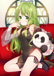 Rule 34 | 1girl, animal print, bare shoulders, black dress, black footwear, black nails, blush, breasts, butterfly print, closed mouth, commentary request, couch, detached sleeves, dress, floral print, green eyes, green hair, hair ornament, hand up, highres, long hair, long sleeves, meito (maze), morinaka kazaki, nail polish, nijisanji, hugging object, on couch, print dress, round window, see-through, see-through sleeves, shoes, sidelocks, sleeveless, sleeveless dress, small breasts, smile, solo, stuffed animal, stuffed panda, stuffed toy, very long hair, virtual youtuber, wide sleeves, window
